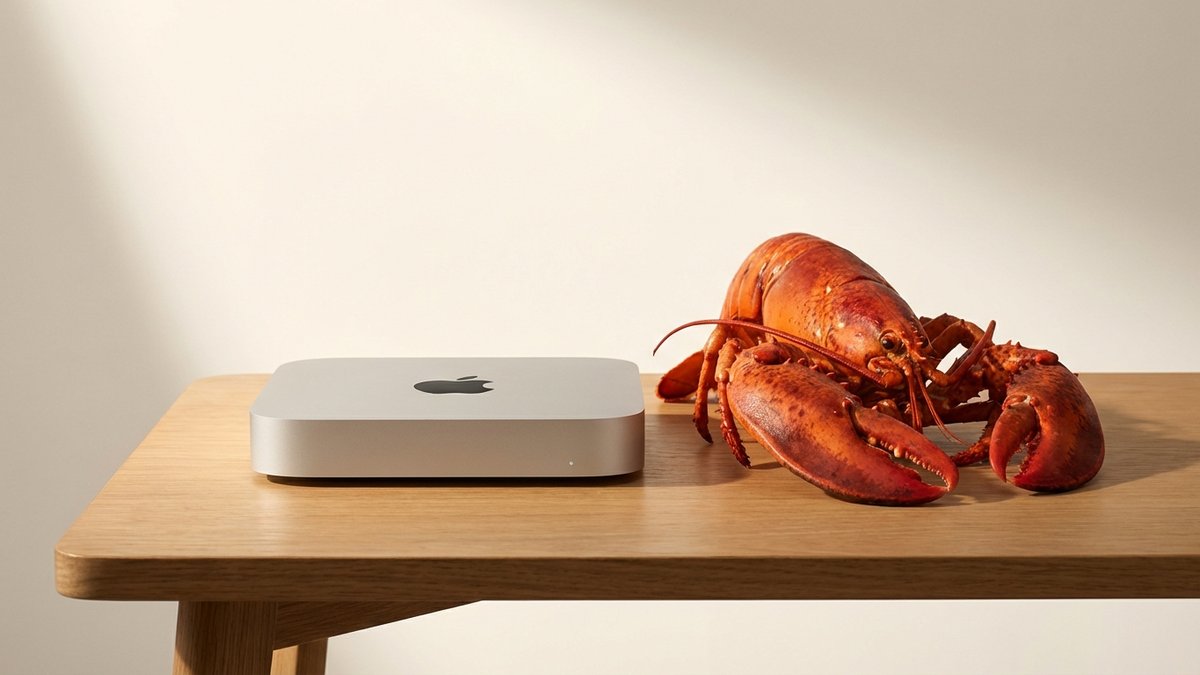 Mac Mini on a minimal desk with a warm orange screen glow and a folded newspaper beside it